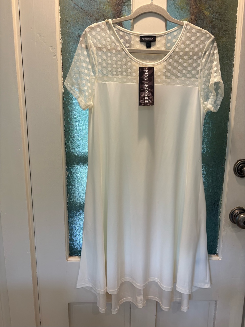 Nina Leonard  M White Polka Dot Mesh Yoke Dress NWT
